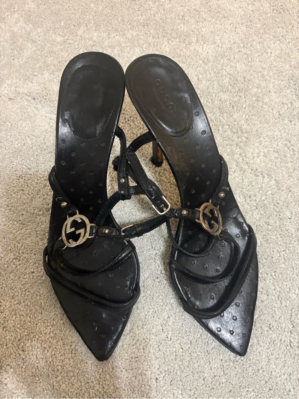 Authentic Gucci Tom Ford Black leather logo hardware strap Black Pointed sandals